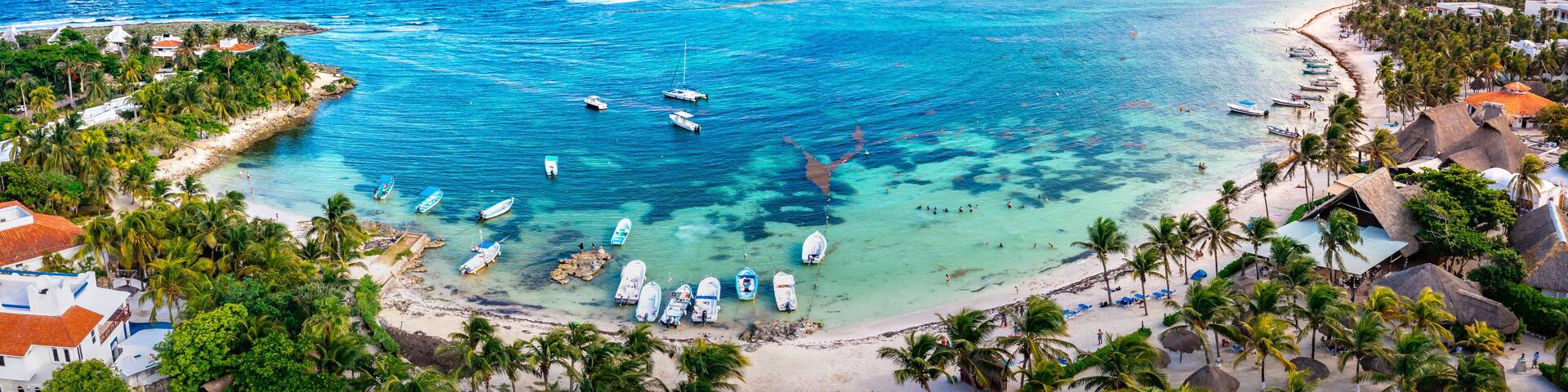 Aerial view of the Akumal Bay in Quintana Roo, Mexico. Caribbean Sea, coral reef, top view. Beautiful tropical paradise beach