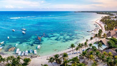 Aerial view of the Akumal Bay in Quintana Roo, Mexico. Caribbean Sea, coral reef, top view. Beautiful tropical paradise beach