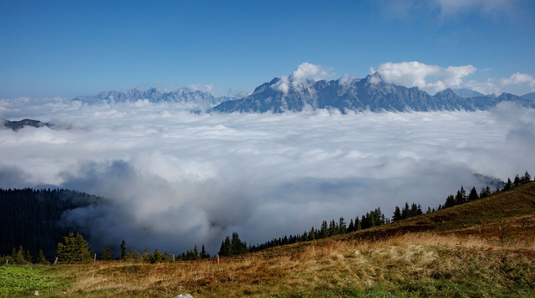 Majestic mountain landscape over cloud blanket in Saalbach Hinterglemm, Austria during clear day