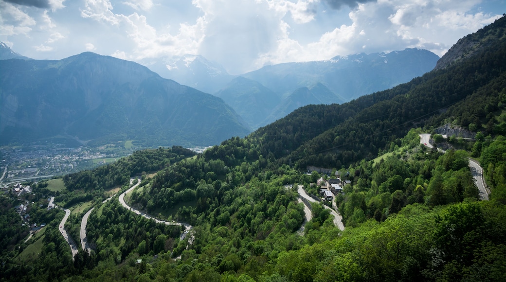 Route of the 21 bends of the Alpe d'Huez in the French Alps for the Tour de France in Oisans