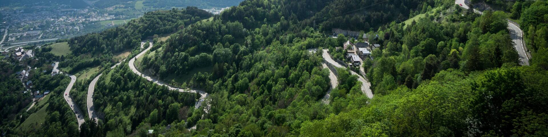 Route of the 21 bends of the Alpe d'Huez in the French Alps for the Tour de France in Oisans