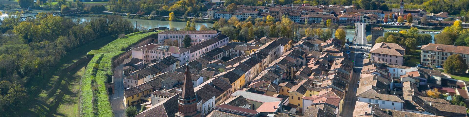 Aerial view of Pizzighettone, a picturesque small town in Lombardy region, Italy
