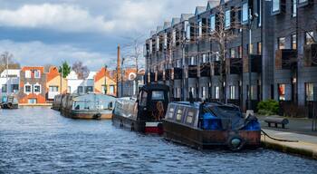 Boats moored in a canal in New Islington newly developed area in Manchester