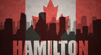 abstract silhouette of the city with text Hamilton at the vintage canadian flag