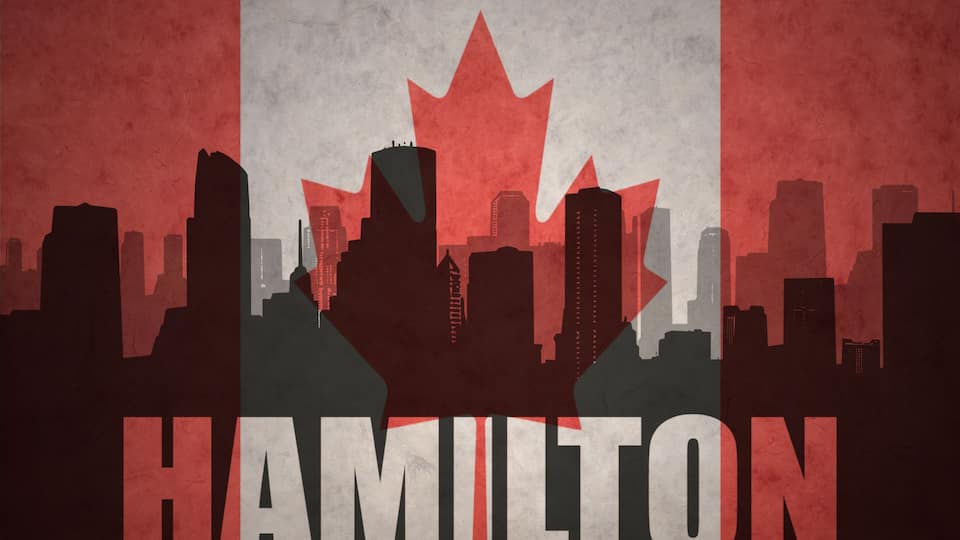 abstract silhouette of the city with text Hamilton at the vintage canadian flag