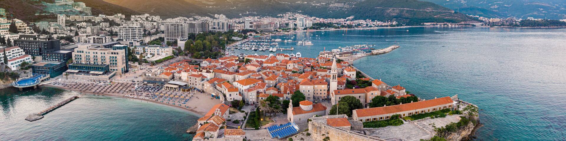 Aerial drone view - Budva, Old town, Montenegro. Drone aerial panorama