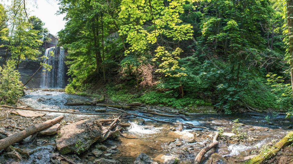 Decew Falls from the gorge below Morningstar Mill turbine shed St Catharines Niagara Region