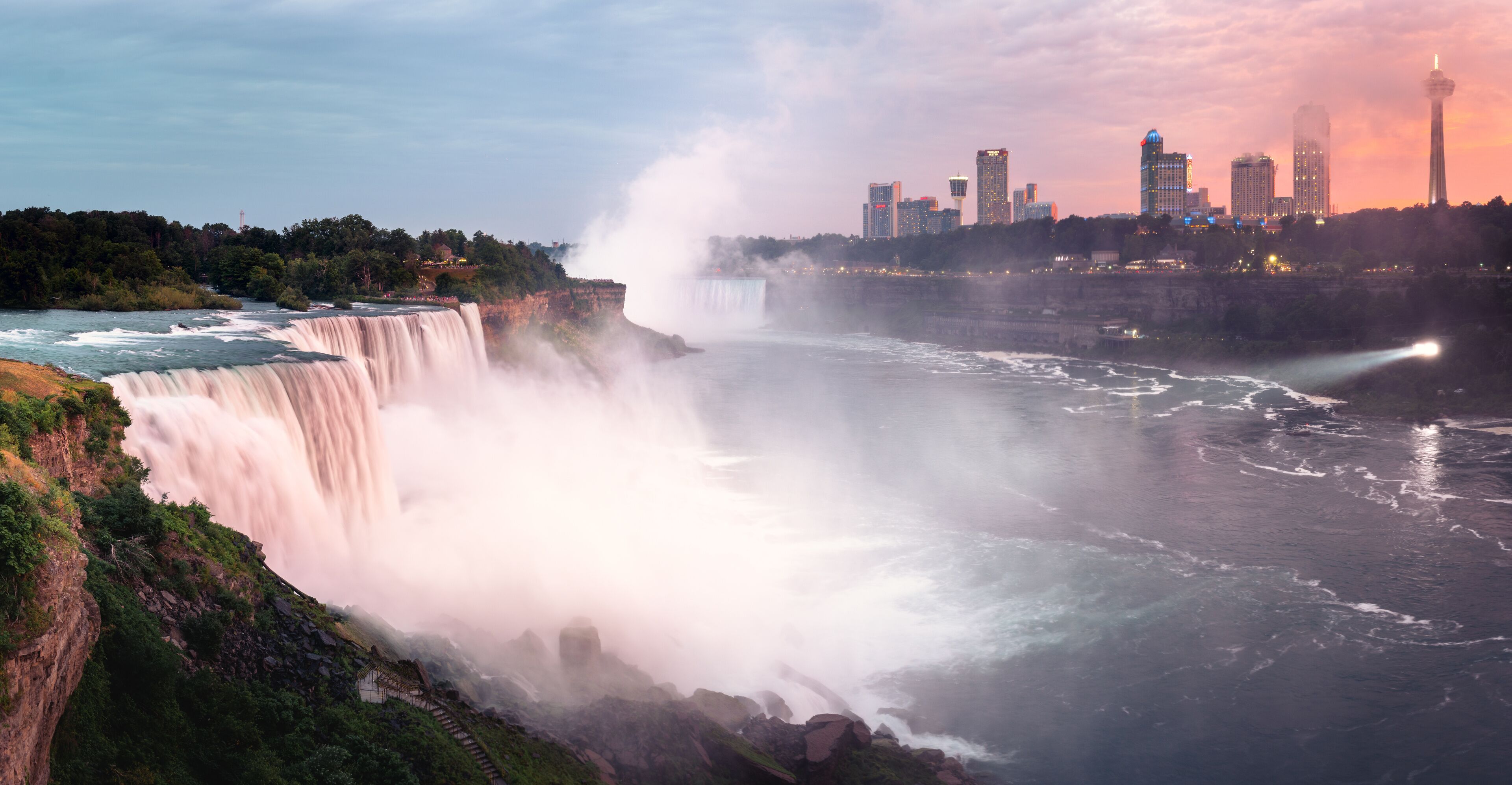 Sunset panorama of pink Niagara Falls