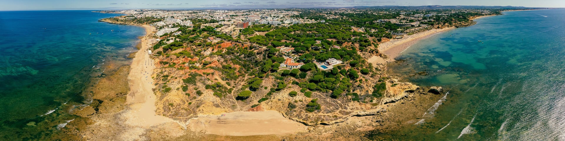 Aerial panoramic shots of Praia da Balaia and Praia de Santa Eulalia Portugal, Algarve Albufeira