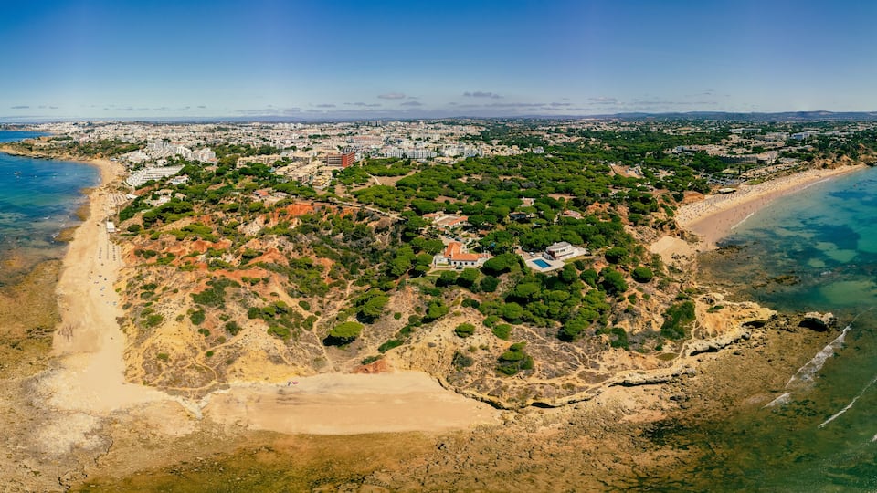 Aerial panoramic shots of Praia da Balaia and Praia de Santa Eulalia Portugal, Algarve Albufeira