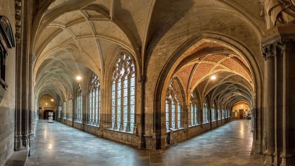 Beautiful view of the interior of the St. Paul's cathedral cloister in Liege, Belgium