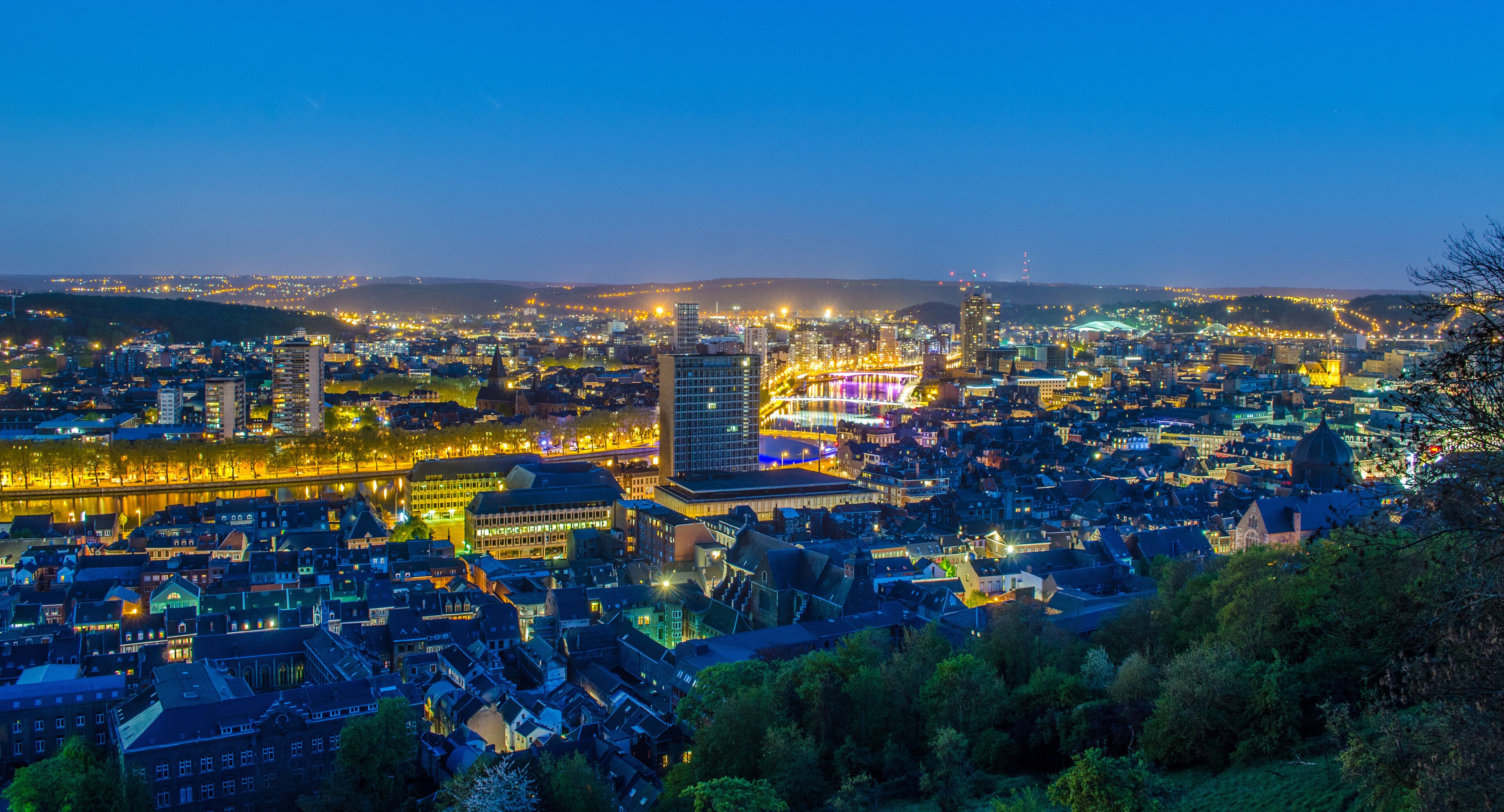 night panoramic view over city of liege in belgium from top of local citadel.
