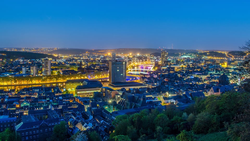 night panoramic view over city of liege in belgium from top of local citadel.