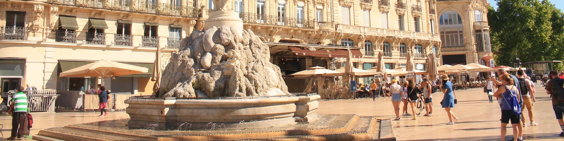 Comedy square of Montpellier and its three graces fountain, Herault, France