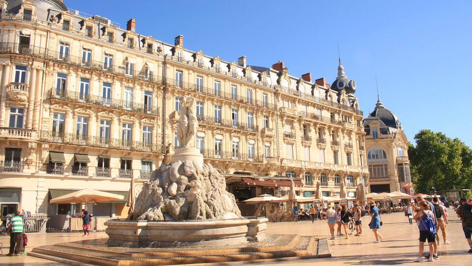 Comedy square of Montpellier and its three graces fountain, Herault, France