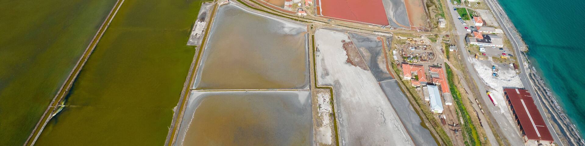 Aerial view of Burgas Salt Pans, on the Seaside of Burgas, Bulgaria.