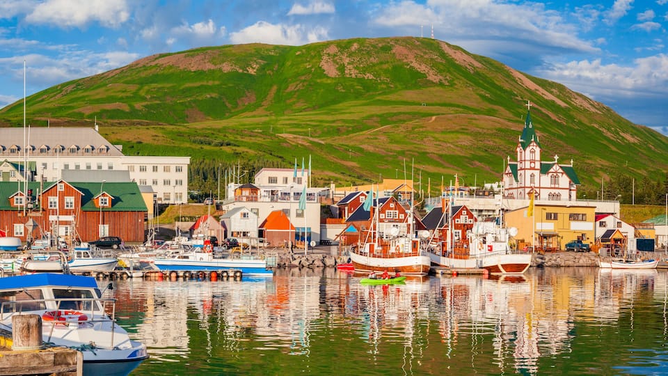 Fishing town of Husavik at sunset, Iceland