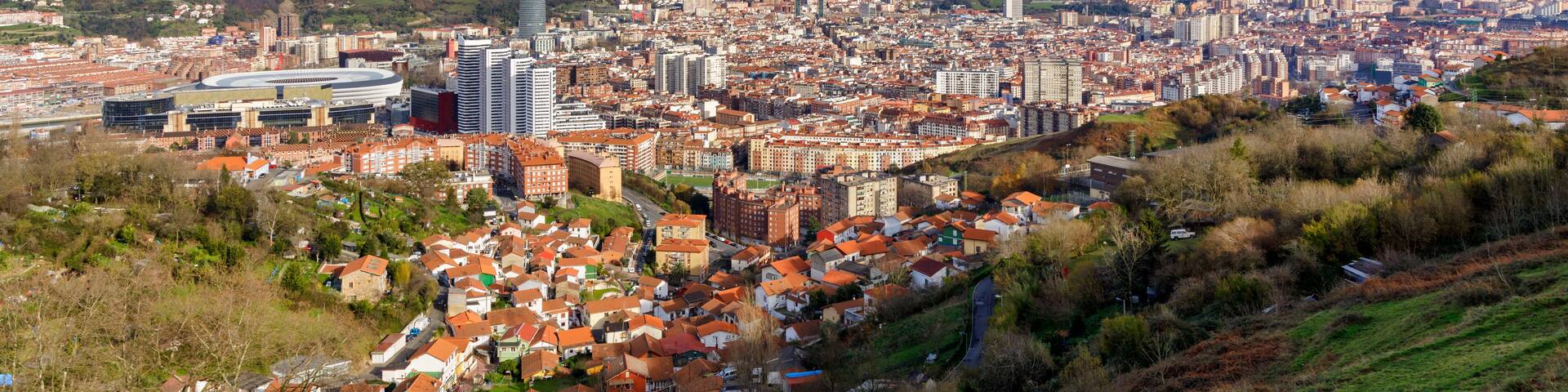 A cityscape with a mix of modern and traditional architecture, surrounded by hills and a clear sky.