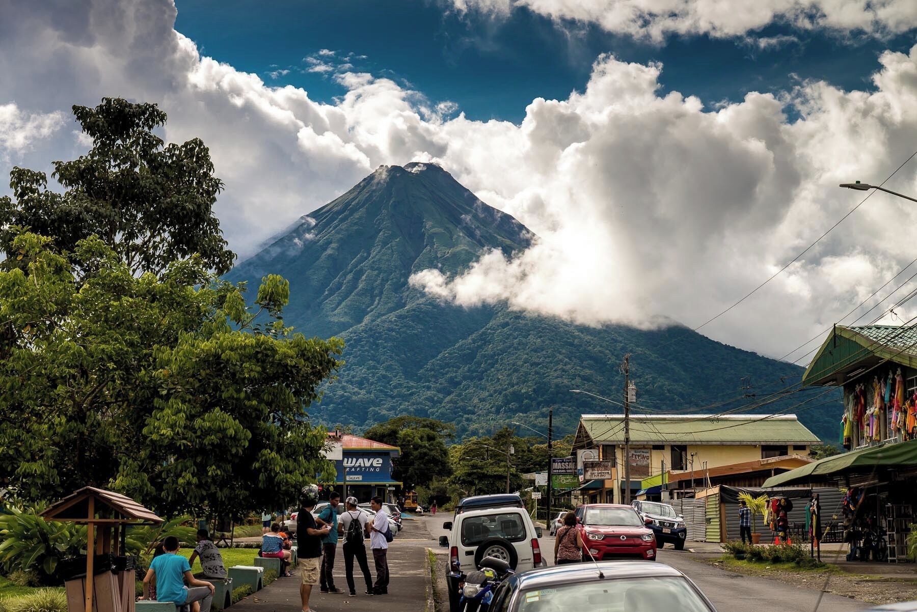 Downtown La Fortuna with El Arenal volcano looming in the background
