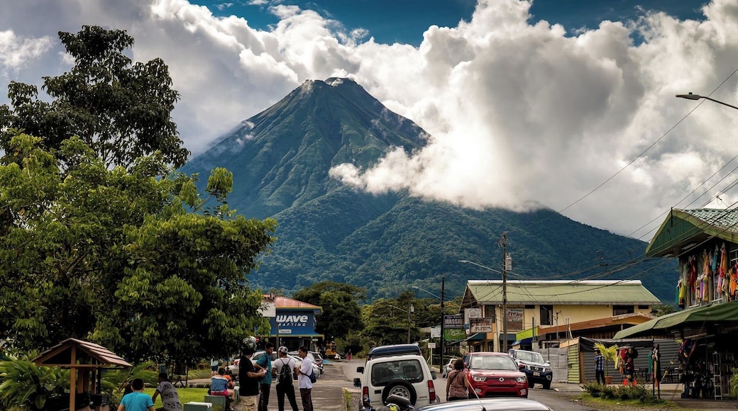 Downtown La Fortuna with El Arenal volcano looming in the background