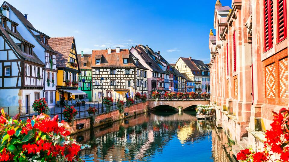 France, Alsace region. Colorful traditional town Colmar with scenic romantic canals, popular tourist attraction, wine route destination