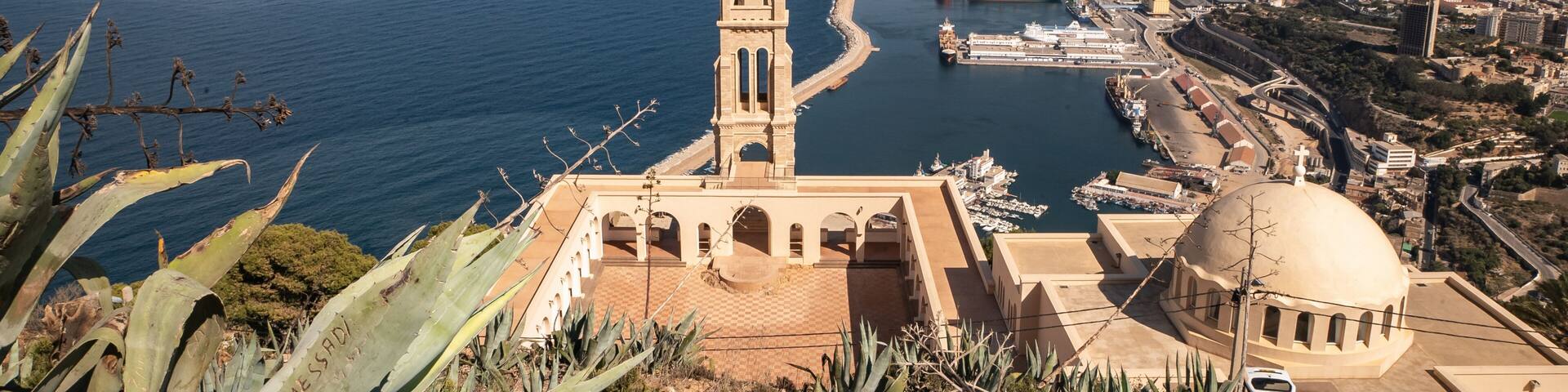 Mountain top cathedral and panorama skyline view of Oran, Algeria
