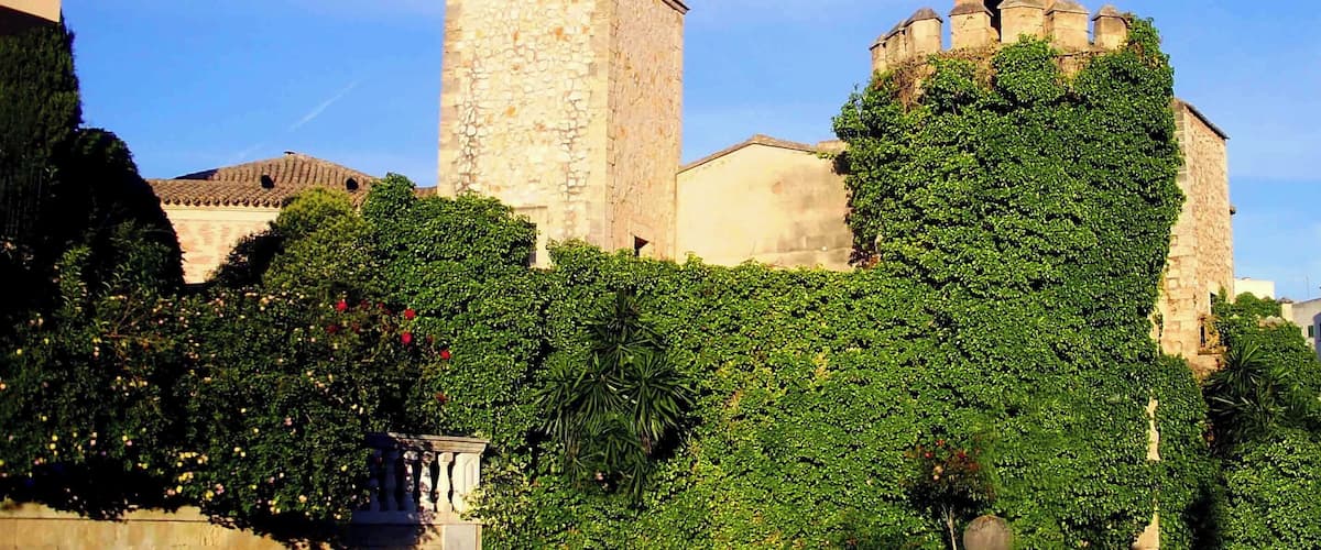 Palma de Mallorca: Torres en la muralla del Pueblo Español. La hiedra y la torre morisca.