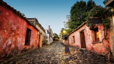 Una calle adoquinada bordeada por edificios antiguos con paredes rojas y puertas de madera.