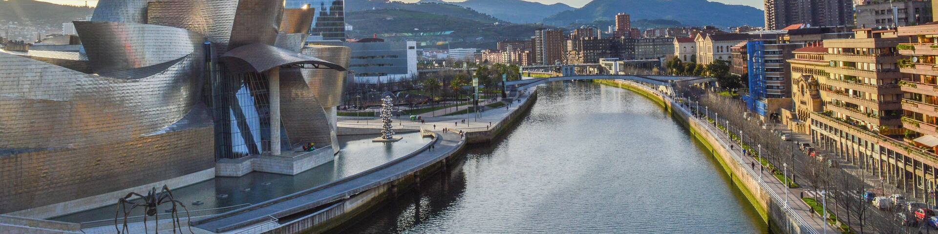Bilbao: Viewof the Guggenheim Museum, Iberdrola Tower and the Nervion river. Edit of a previous post.