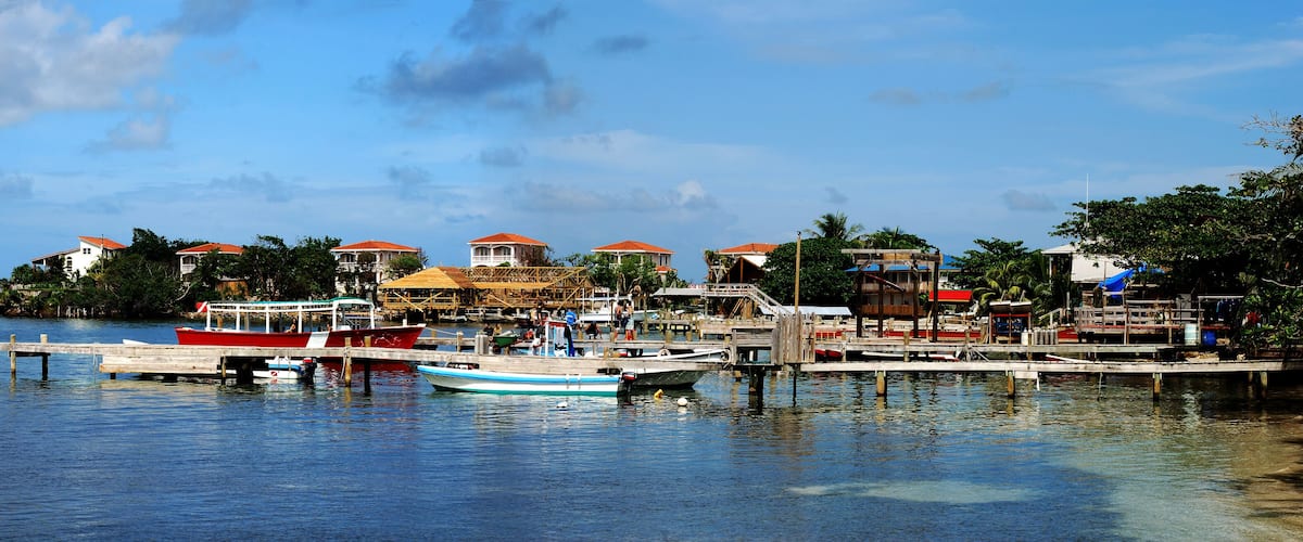 A coastal town with a pier, boats, and houses with red roofs.
