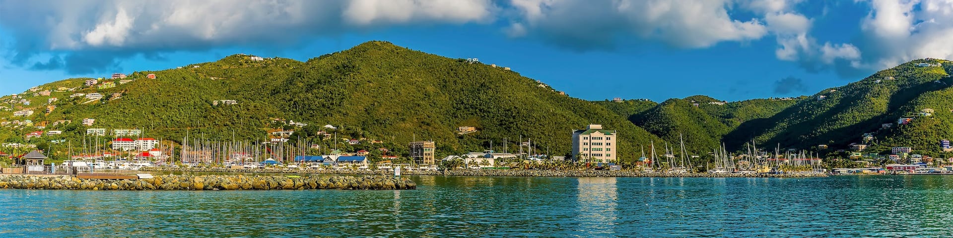 A panorama view into the harbour at Road Town on Tortola in the early morning sunshine