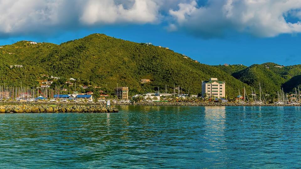 A panorama view into the harbour at Road Town on Tortola in the early morning sunshine