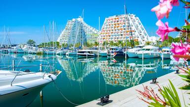 A marina with yachts docked, a modern building with balconies, and clear blue skies.