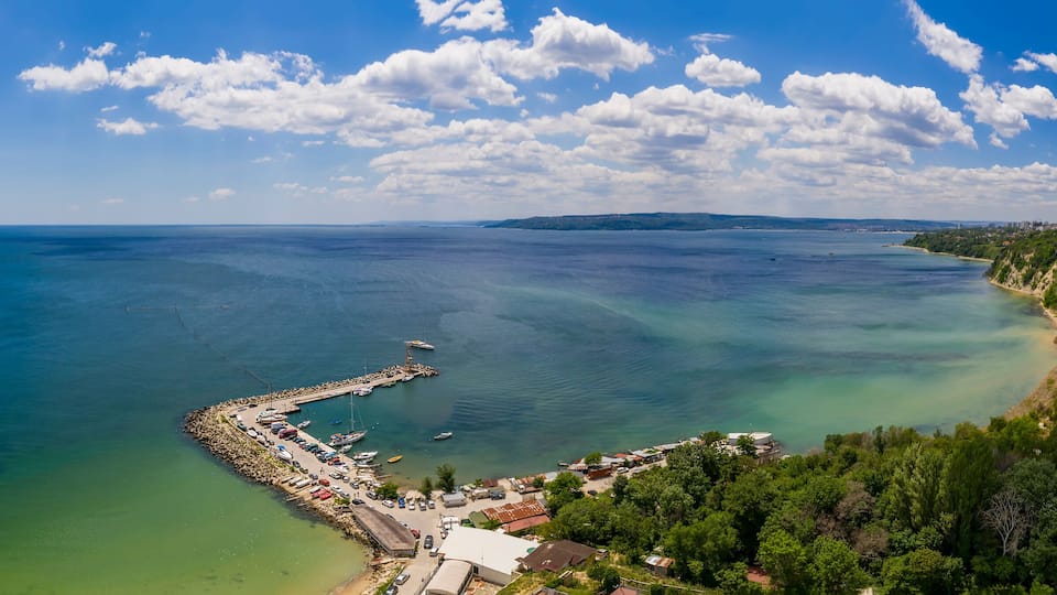 Aerial view from drone of bay and coastline of Varna city, Bulgaria. High resolution