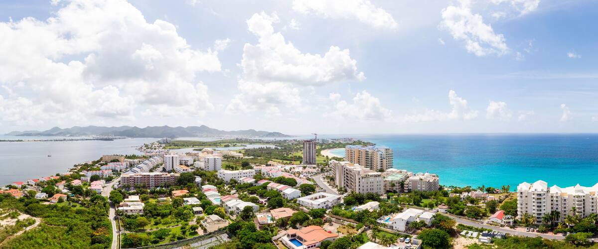 Aerial view of the Caribbean island of Sint maarten /Saint Martin. Maho and cupecoy cityscape on st.maarten