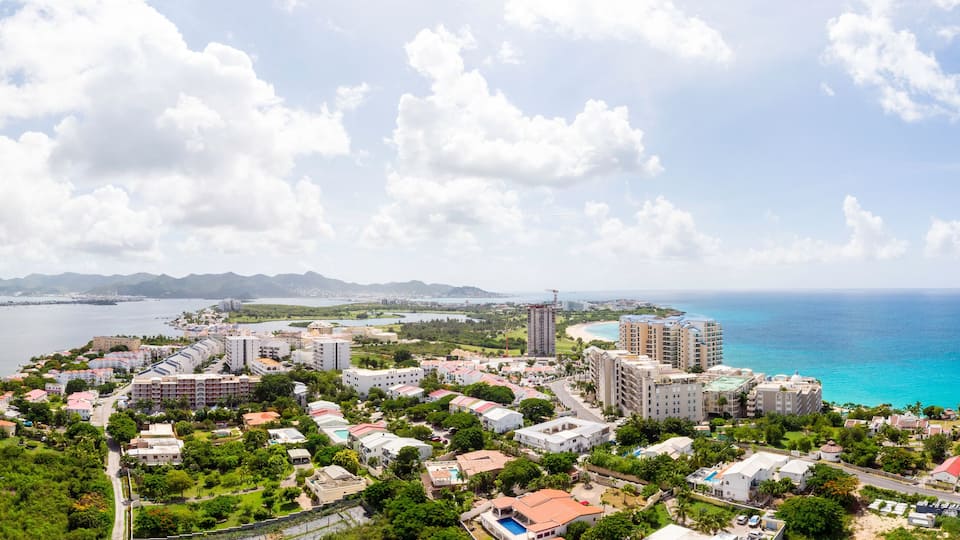 Aerial view of the Caribbean island of Sint maarten /Saint Martin. Maho and cupecoy cityscape on st.maarten