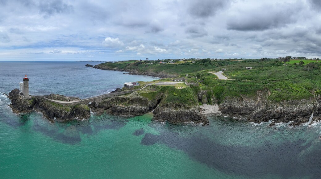 Aerial view of the Petit Minou Lighthouse is a lighthouse in the roadstead of Brest, standing in front of the Fort du Petit Minou, in the commune of Plouzané. Coastline. France