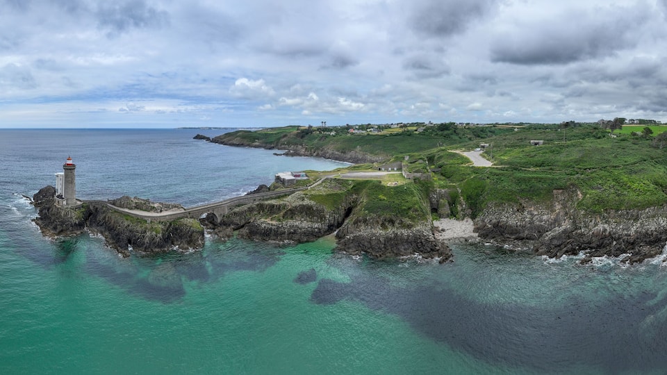 Aerial view of the Petit Minou Lighthouse is a lighthouse in the roadstead of Brest, standing in front of the Fort du Petit Minou, in the commune of Plouzané. Coastline. France