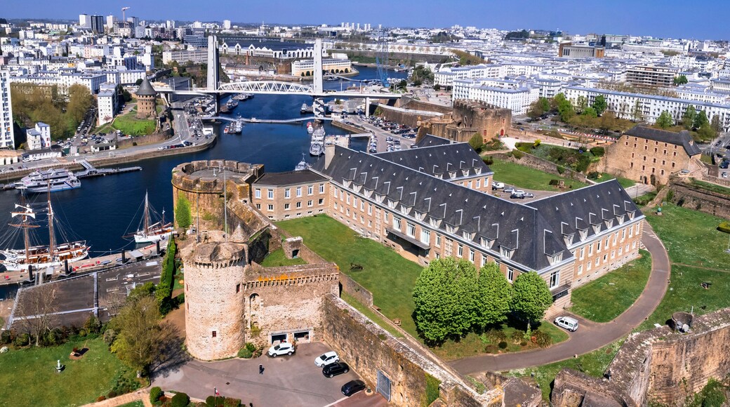 Brest, France. Brittany. aerial drone panoramic view of harbour medieval fortress castle. Brittany's most important maritime cities. view with impressive bridge Pont de Recouvrance