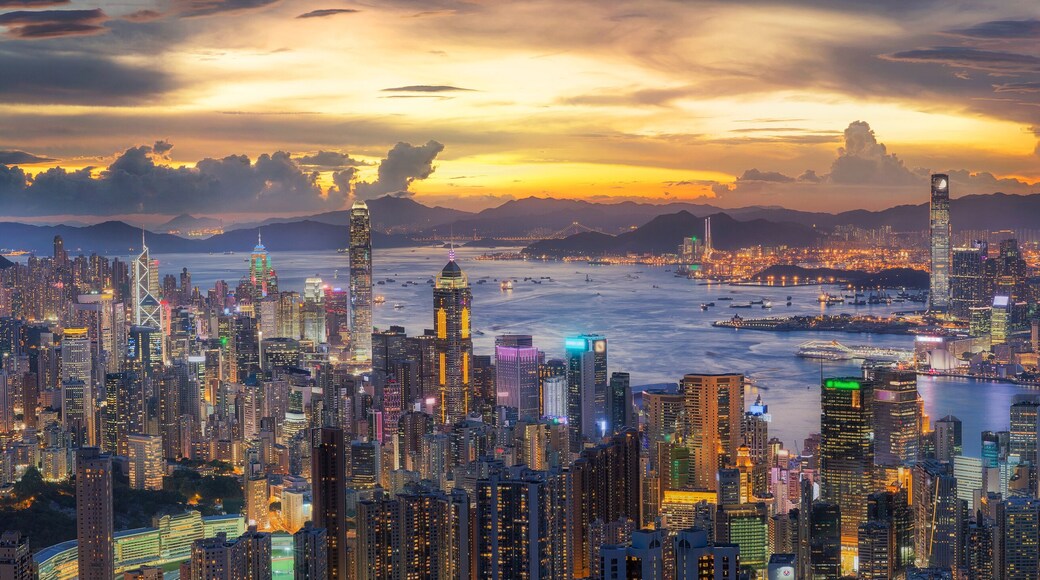 Sunset over Victoria Harbor as viewed atop Victoria Peak with Ho