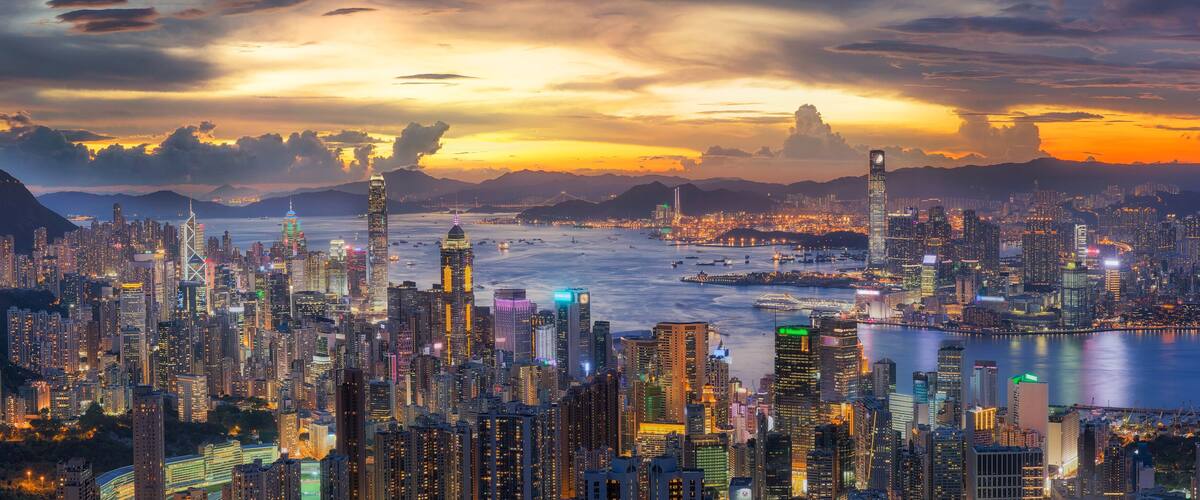 Sunset over Victoria Harbor as viewed atop Victoria Peak with Ho