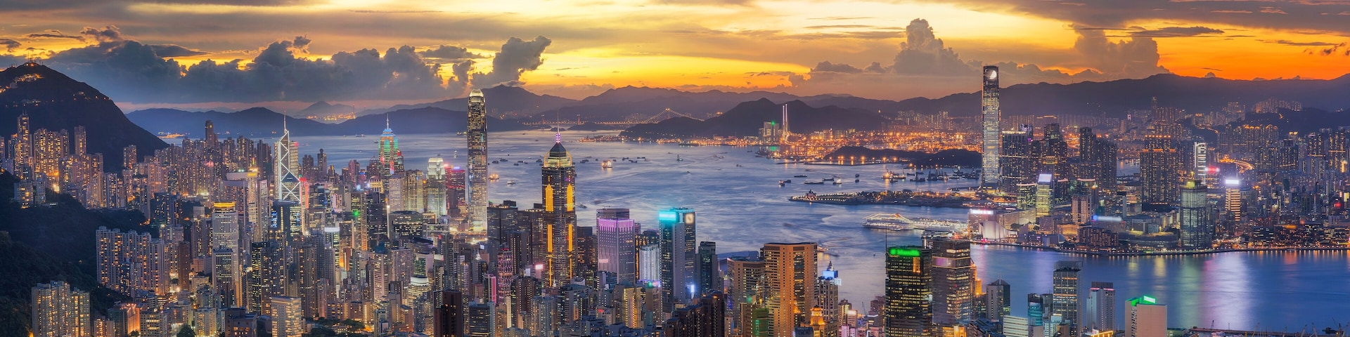 Sunset over Victoria Harbor as viewed atop Victoria Peak with Ho