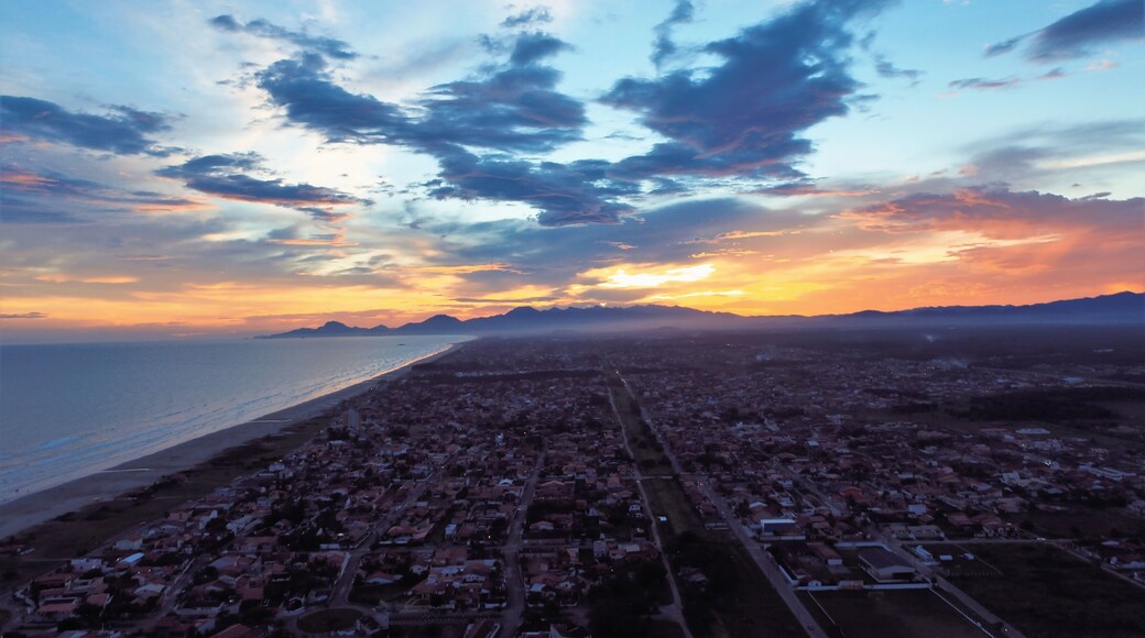 Aerial view of sunset on the beach. Itanhaém, São Paulo, Brazil. Great landscape