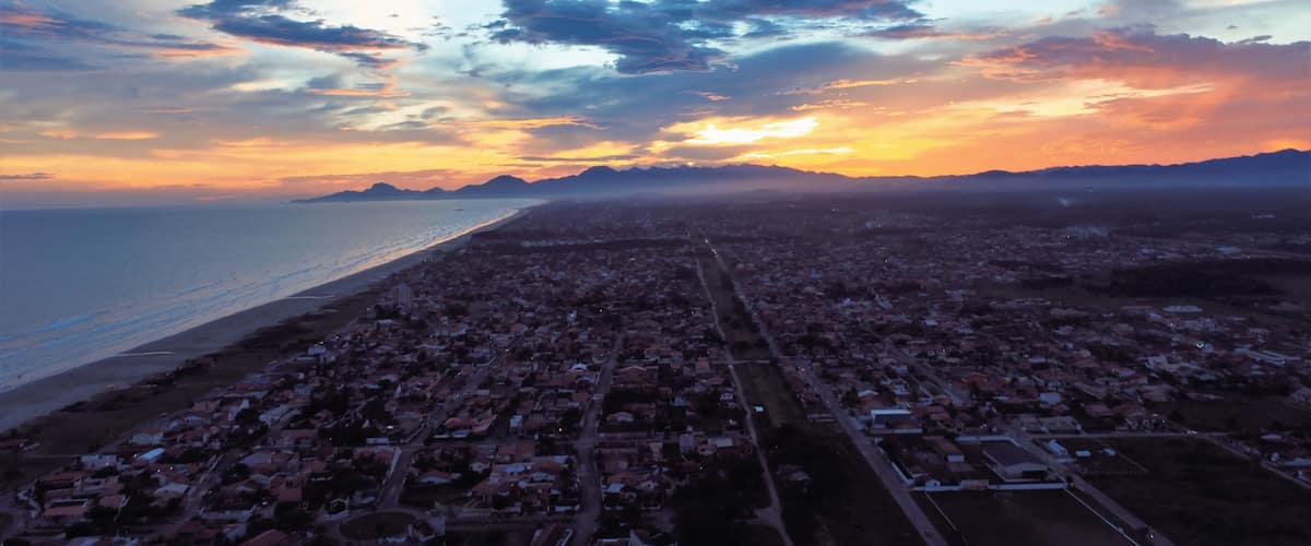 Aerial view of sunset on the beach. Itanhaém, São Paulo, Brazil. Great landscape