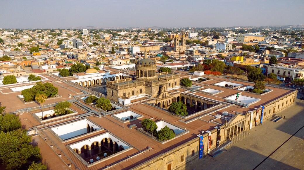 Aerial panoramic view of the Hospicio Cabañas in Guadalajara, Mexico. This iconic neoclassical architecture is one of the city's main museums, a cultural heritage site, showcasing the rich history and