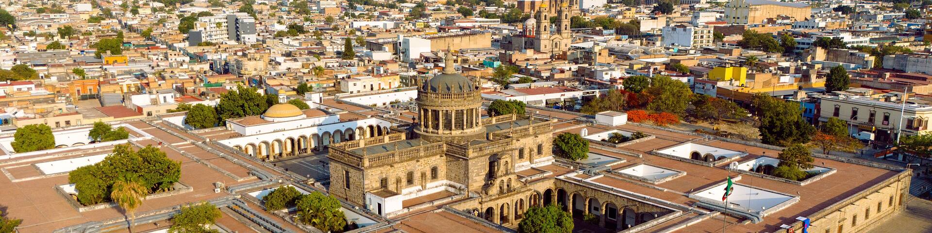 Aerial panoramic view of the Hospicio Cabañas in Guadalajara, Mexico. This iconic neoclassical architecture is one of the city's main museums, a cultural heritage site, showcasing the rich history and