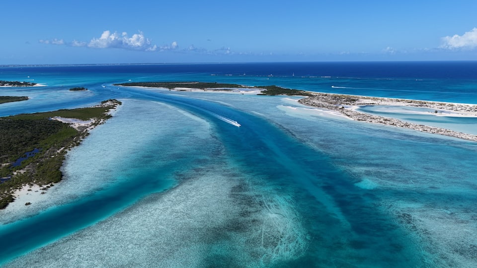 Half Moon Bay At Providenciales In Turks And Caicos United Kingdom. Beach Landscape. Shades Of Blue Watercolor. Travel Destination. Half Moon Bay In Providenciales. Nature Seascape.