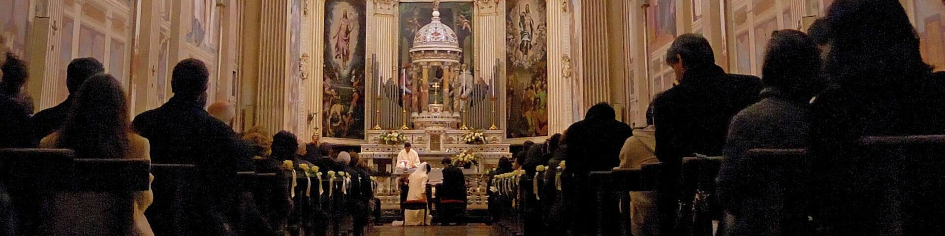 Central nave of Garegnano Church in Milan, Italy, during a Marriage.