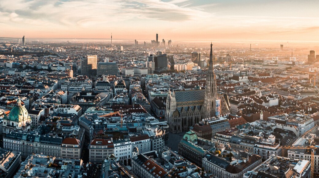 Aerial Drone Photo - Sunrise over St. Stephens Cathedral. Vienna, Austria