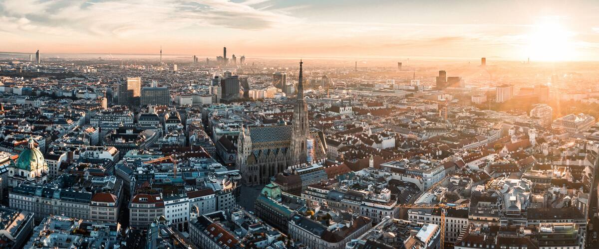 Aerial Drone Photo - Sunrise over St. Stephens Cathedral. Vienna, Austria